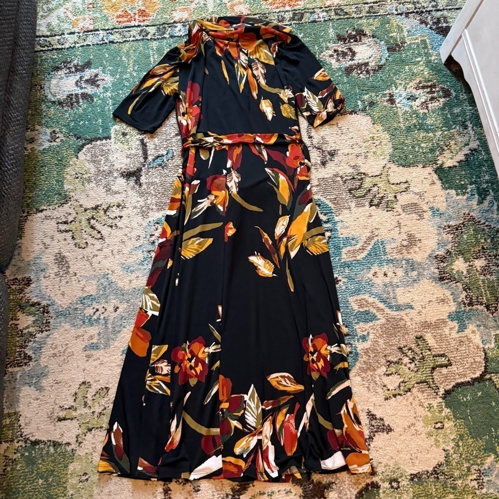 MSK Black Floral Belted Collared Midi Shirt Dress Size Medium - Picture 9 of 9